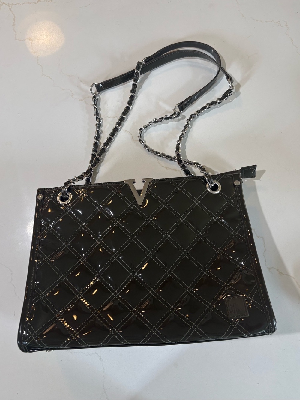 IHKWIP Dark Olive Green Quilted Patent Chain Shoulder Bag